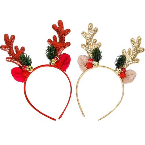 AWAVM 2 x Weihnachts-Stirnband für Damen, Erwachsene, Jungen, Mädchen, Pailletten-Stirnband, Rentiergeweih, Weihnachts-Hirschohren, Kopfschmuck, Einheitsgröße, Haarschmuck für Weihnachtsfeiern, Elfen, von AWAVM