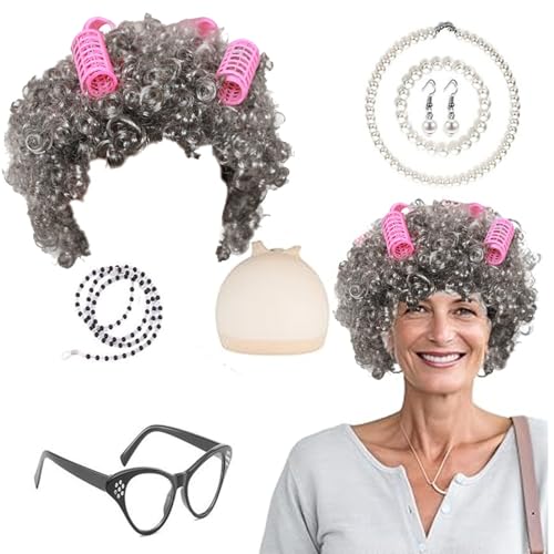 AWAVM 7-teiliges Kostüm für alte Dame, Cosplay-Zubehör für Großmutter mit Oma-Perücke, Perückenkappe, Oma-Brille, Perlenketten, Ohrringe, Armband, Stock von AWAVM