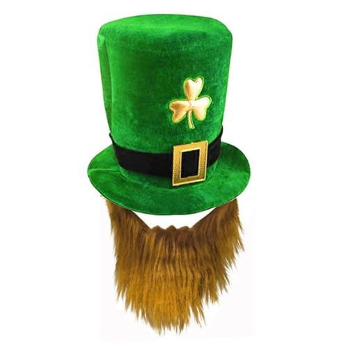 AWAVM Erwachsene Deluxe Green Leprechaun Zylinder mit Ingwer Bart St. Patrick's Day Zubehör Samt Hut Einheitsgröße Irisches Kostüm Zubehör für Männer und Frauen von AWAVM