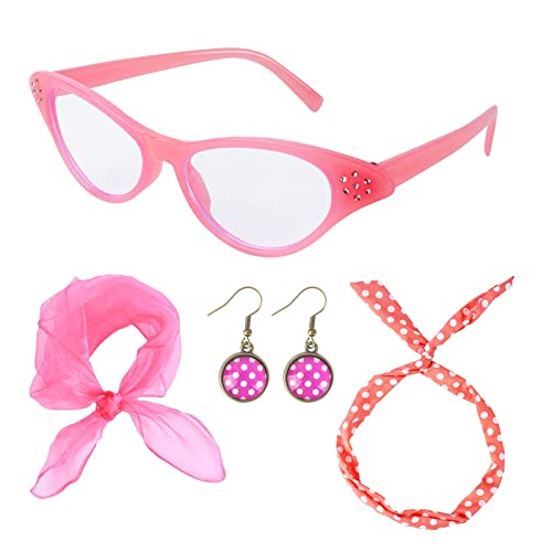 AWAVM Rockabilly Accessoires 50er Jahre Damen Kleid Zubehör 1950s Kostüm Set mit Chiffon Schal Polka Rosa Stirnband Katzen Auge Brille Rosa 60er Jahre Kleidung für Motoparty Retro Teily Party von AWAVM