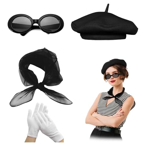 Französisches Frauenkostüm-Zubehör-Set, französische Künstler-Mime-Kit mit Baskenmütze und Sonnenbrille, Handschuhen für Frauen und Mädchen, Cosplay, Partyzubehör, Schulverkleidungstag, Schwarz , One von AWAVM