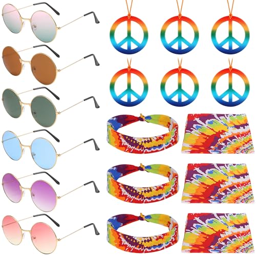 AWCIGG® Hippie Kostüm Zubehör Set, 6 Buntes Hippie Haarband 6 Hippie Brille 6 Zeichen Halskette, 60er/70er Jahre Retro Damen Herren Hippie Accessoires von AWCIGG