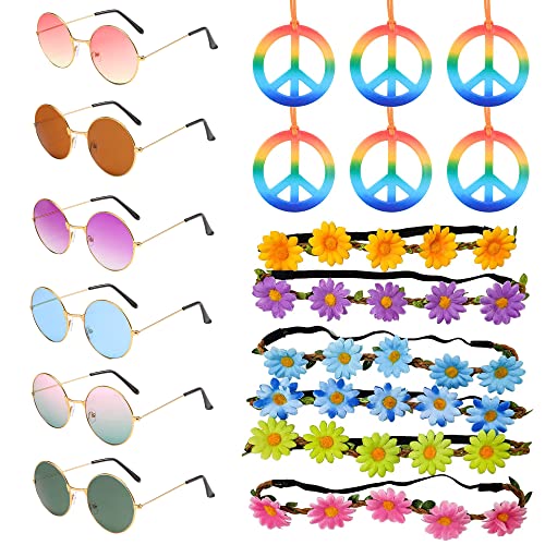 AWCIGG® 18 Stück Hippie Kostüm Zubehör, Hippie Brille Blumen Haarband Peace Kette, 60er/70er Jahre Retro Hippie Accessoires Set für Damen Herren Hippie Kostüm Party von AWCIGG