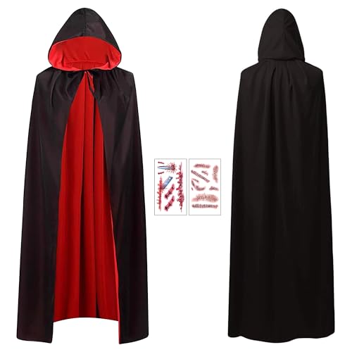 Halloween Kostüm Damen Vampir Umhang mit Kapuze für Frauen und Herren Vampirkostüm Teufel Schwarz Rot Doppelseitig Umhang Erwachsene für Halloween Karneval Mittelalter Kostüm Party von AWCIGG