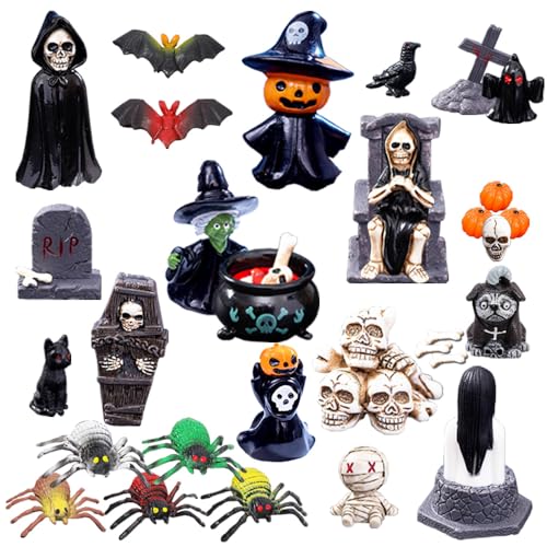 AWEELON 32-teiliges Halloween-Mini-Figuren-Set, inklusive Miniatur-Schädelköpfe, Krähe, Grabstein, Fledermaus, Spinne, Kürbis für Puppenhauszubehör, Gartendekoration, Dorfsammlungen von AWEELON