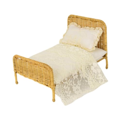 ＡＷＨＡＯ 1:12 Europäisches Doppelbettmodell, Rattan Bettmodell, Rollenspiel, Rattan Minibett, Puppenhaus Miniaturbett für Schlafzimmerdekoration, A von ＡＷＨＡＯ