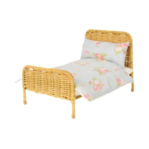 ＡＷＨＡＯ 1:12 Europäisches Doppelbettmodell, Rattan Bettmodell, Rollenspiel, Rattan Minibett, Puppenhaus Miniaturbett für Schlafzimmerdekoration, C von ＡＷＨＡＯ