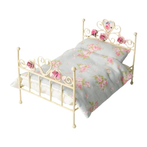 ＡＷＨＡＯ 1:12 Miniatur Europäisches Bett, Miniatur Möbel, Zimmer DIY Zubehör, Dekoratives Kleines Bett, Mini Retro Bett für DIY Modell Dekoration, Blumenbettwäsche von ＡＷＨＡＯ