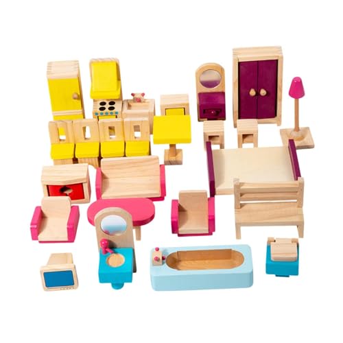 ＡＷＨＡＯ 26 Teiliges Puppenhaus Möbel Spielzeug Aus Holz, Pädagogisches Puppenhaus Zubehör Set von ＡＷＨＡＯ