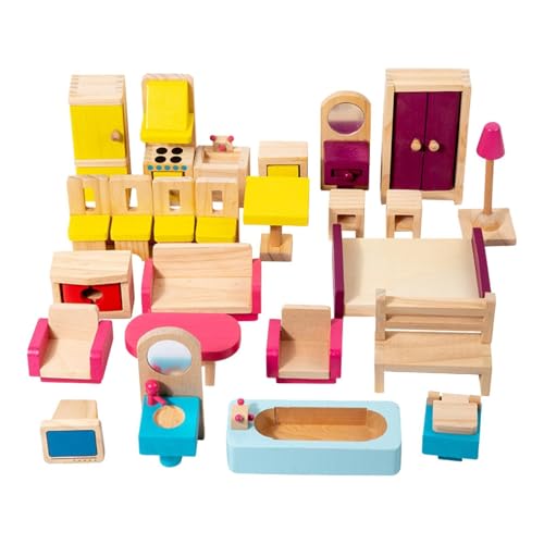 ＡＷＨＡＯ 26x Holzpuppenhausmöbel Set Kinder Spielzeug tun Spiel Spielzeug Hobby Handwerk für Jungen Mädchen von ＡＷＨＡＯ