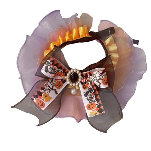 ＡＷＨＡＯ Halloween-Katzenhalsband, Haustier-Kostüm-Zubehör, süße Halloween-Party-Dekoration, Schal, Katzen-Spitzen-Latzhalsband für Urlaubsparty, Orange Violet M von ＡＷＨＡＯ