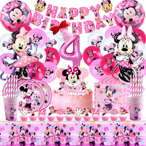 104 Stück Minnie Geburtstagsdeko 4 Jahre, Minnie Luftballons 4 Jahre, Minnie Geburtstag Partygeschirr, Minnie Folienballon 4, Minnie Geburtstag Deko Mädchen 4 Jahre, Kindergeburtstag Minnie 4 von AWOUSUE