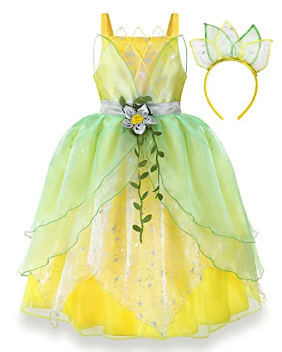 Axaxa Prinzessin Tiana Kostüm für Mädchen Tiana Kleid Prinzessin und der Frosch Kostüm mit Stirnband Geburtstag Halloween Fasching Party Kleid 2-11T von AXAXA