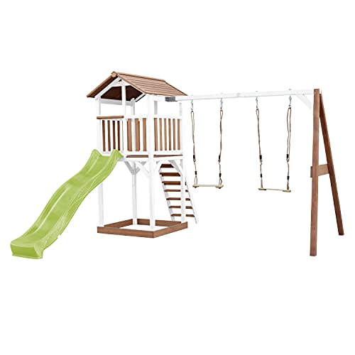 AXI Beach Tower Spielturm aus Holz in Braun & Weiß | Spielhaus für Kinder mit hellgrüner Rutsche, Doppelschaukel und Sandkasten | Stelzenhaus für den Garten von AXI