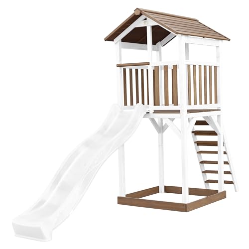 AXI Beach Tower Spielturm aus Holz in Braun & Weiß | Spielhaus für Kinder mit weißer Rutsche und Sandkasten | Stelzenhaus für den Garten.. von AXI