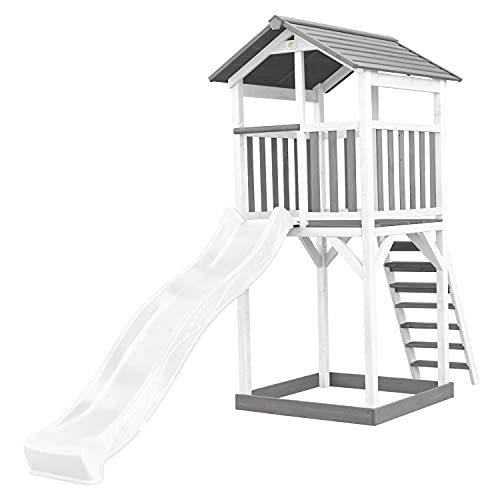AXI Beach Tower Spielturm aus Holz in Weiß & Grau | Spielhaus für Kinder mit weißer Rutsche und Sandkasten | Stelzenhaus für den Garten von AXI