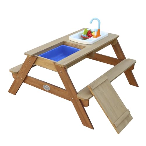 AXI Emily Kinder Sand & Wasser Picknicktisch aus Holz | Wasserspieltisch & Sandtisch mit Deckel, Behältern & Spüle | Kindertisch/Matschtisch in Braun für den Garten.. von AXI