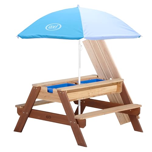 AXI Nick Kinder Sand & Wasser Picknicktisch aus Holz | Wasserspieltisch & Sandtisch mit Deckel und Behältern | Kindertisch/Matschtisch in Braun mit Sonnenschirm für den Garten. AXI Nick Kinder Sand & Wasser Picknicktisch aus Holz | Wasserspieltisch & Sandtisch mit Deckel und Behältern | Kindertisch/Matschtisch in Braun mit Sonnenschirm für den Garten. von AXI