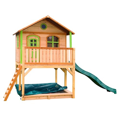 AXI Spielhaus Marc mit Sandkasten & grüner Rutsche | Stelzenhaus in Braun & Grün aus FSC Holz für Kinder | Spielturm mit Wellenrutsche für den Garten.. von AXI