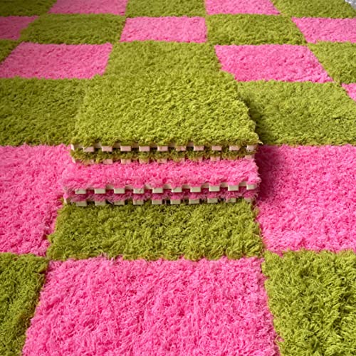 20 Stück Flauschige Ineinandergreifende Schaumstoffmatten-Bodensets,Plüsch-Puzzle-Schaumstoff-Bodenmatte,Flauschige Plüsch-Teppichfliesen für Wohnzimmer,Esszimmer(Color:grün+pink) von AXLXXXWEM