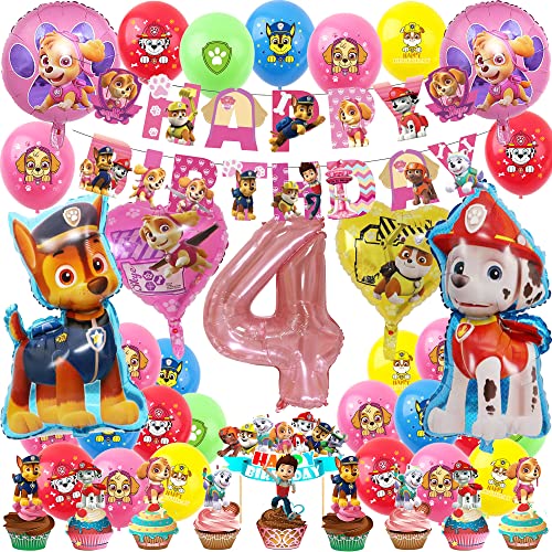 Patrol Geburtstagsdeko Mädchen Hund Geburtstag Party Rosa Ballon Deko Set für Mädchen 4 Jahre Helium Folienballon Banner Toppers Dekoration (Zahl 4) von JINLAIYUN