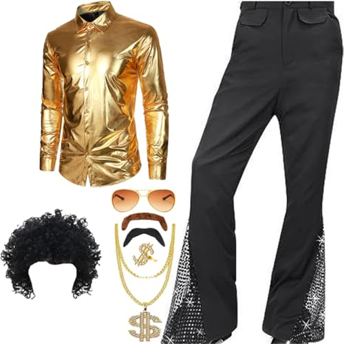 AXZDTH Herren 70er Retro Kostüm 8 Stück Disco Herren Kostüm Set Outfits Langarm Retro Shirt Bell Bottom Hose Perücke Halskette Set für Disco Party von AXZDTH