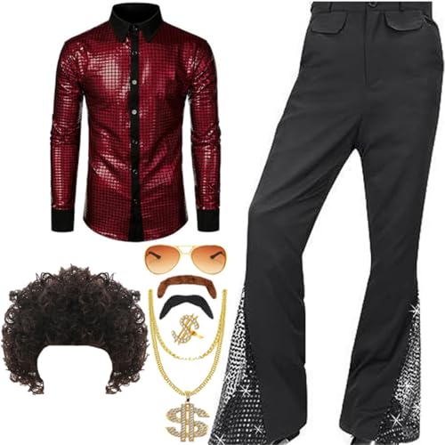 AXZDTH Herren 70er Retro Kostüm 8 Stück Disco Herren Kostüm Set Outfits Langarm Retro Shirt Bell Bottom Hose Perücke Halskette Set für Disco Party von AXZDTH