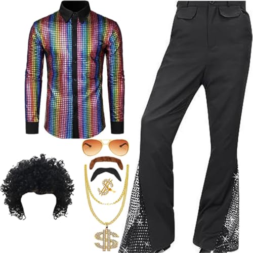 AXZDTH Herren 70er Retro Kostüm 8 Stück Disco Herren Kostüm Set Outfits Langarm Retro Shirt Bell Bottom Hose Perücke Halskette Set für Disco Party von AXZDTH