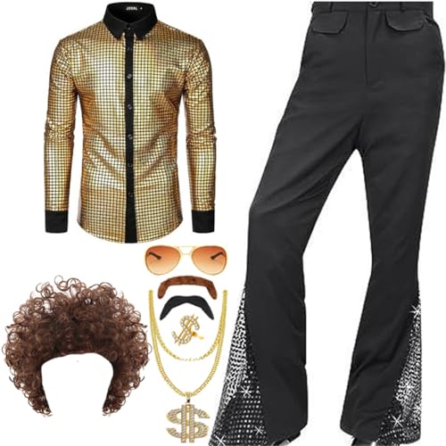 AXZDTH Herren 70er Retro Kostüm 8 Stück Disco Herren Kostüm Set Outfits Langarm Retro Shirt Bell Bottom Hose Perücke Halskette Set für Disco Party von AXZDTH