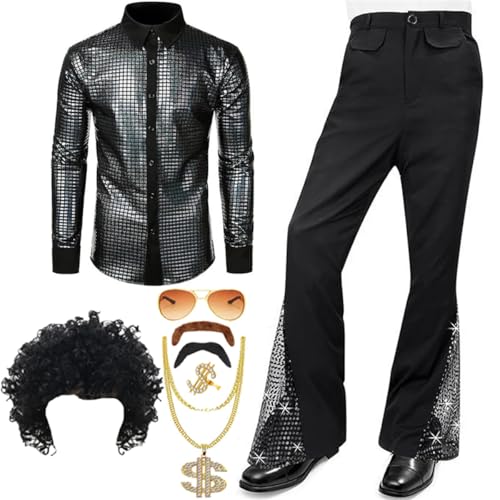 AXZDTH Herren 70er Retro Kostüm 8 Stück Disco Herren Kostüm Set Outfits Langarm Retro Shirt Bell Bottom Hose Perücke Halskette Set für Disco Party von AXZDTH