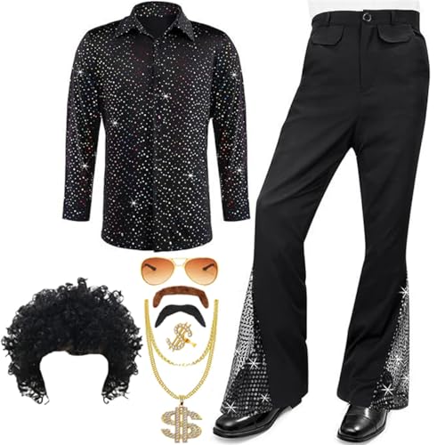 AXZDTH Herren 70er Retro Kostüm 8 Stück Disco Herren Kostüm Set Outfits Langarm Retro Shirt Bell Bottom Hose Perücke Halskette Set für Disco Party von AXZDTH