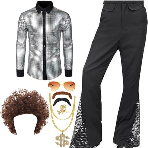 AXZDTH Herren 70er Retro Kostüm 8 Stück Disco Herren Kostüm Set Outfits Langarm Retro Shirt Bell Bottom Hose Perücke Halskette Set für Disco Party von AXZDTH