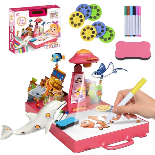 Zeichenprojektor Kinder Geschenke Spielzeug für 3-8 Jährige, 3-in-1 Projektion und Zeichnung Mädchen und Jungen Geschenke Kinder Projektor mit 48 Motiven, Papier, Buntstiften Maltafel Spielzeug, Rosa von AYAMAYA