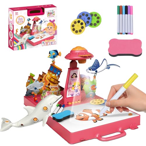 Zeichenprojektor Kinder Geschenke Spielzeug für 3-8 Jährige, 3-in-1 Projektion und Zeichnung Mädchen und Jungen Geschenke Kinder Projektor mit 48 Motiven, Papier, Buntstiften Maltafel Spielzeug, Rosa von AYAMAYA