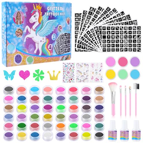 AYBUY Glitzer Tattoo Set, Glitzer-Tattoo-Set für Kinder in 54 Farben, 540 Tattoo-Designs, 3 Flaschen Kleber, 2 leuchtende Aufkleber, 5 Pinsel, 1 Diamant-Aufkleber, Perfekt für Halloween-Partys von AYBUY