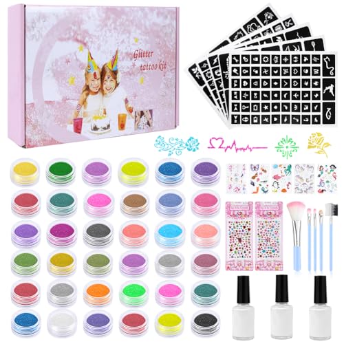 AYBUY Glitzer Tattoo Set, Glitzer-Tattoo-Set für Kinder mit 36 ​​Glitzerfarben, 187 Mustern, 3 Flaschen Kleber, 5 leuchtenden Aufklebern, 5 Pinseln, 2 Diamant-Aufkleber, Perfekt für Halloween-Partys von AYBUY