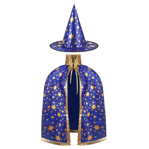 AYBUY Kinder Halloween Kostüm, 2 Stück Zauberer Kostüm Kinder, Wizard Cape Witch Umhang mit Hut, Kinderkostüm Hexenhut Faschingskostüm für Karneval Fasching Cosplay Junge Mädchen, Blau von AYBUY