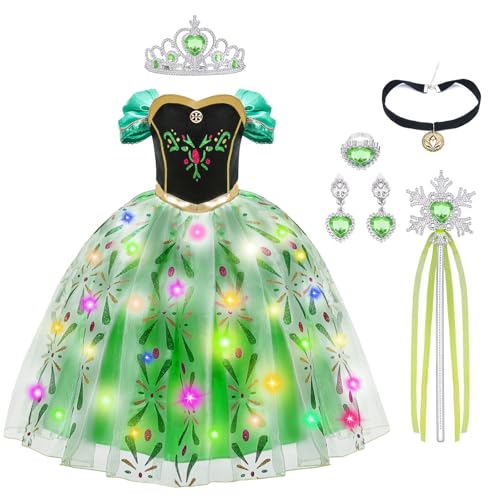 AYBUY Mädchen Kostüm Kleid, Kinder-Prinzessin-Glühkleid, Mit Krone, Zauberstab, Halskette und weiteren Accessoires, Geeignet für Karneval, Verkleidung, Weihnachten, Halloween(100CM) von AYBUY