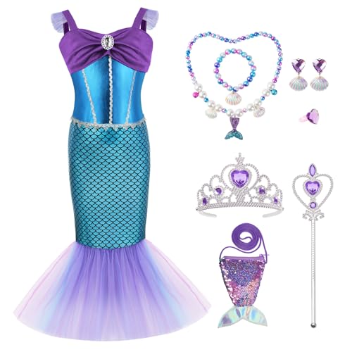 AYBUY Meerjungfrau Kostüm Mädchen Kinder, 6 Teiliges Set Meerjungfrau Kleid Mädchen mit Lila Krone und Zepter, Kostüm Kinder für Karneval Party Halloween Weihnachten Cosplay (100) von AYBUY