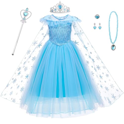 AYBUY Prinzessinnenkleid für Mädchen, Prinzessin Kleid für Kinder blau, enthält Krone Schmuck Zauberstab, Geeignet für Weihnachten Halloween Karneval Cosplay Party （100cm） von AYBUY