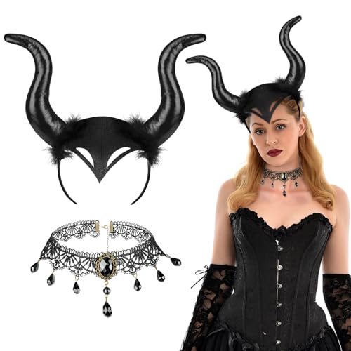 AYBUY Queen Horns Headpiece, Halloween Damen Königin Hörner, Gothic Spitze Halskette, Kopfschmuck Damen für böse, Gothic, Dekoration, Halloween, Cosplay, Mädchen, Karneval von AYBUY