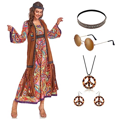 AYIMEIS Damen Hippie Kostüm Set 60er 70er Jahre Hippie Verkleidung Kleid mit Accessoires Retro Disco Outfit Hippie Kleid Bühnenkostüme Halloween Party Karneval Faschingskostüme von AYIMEIS