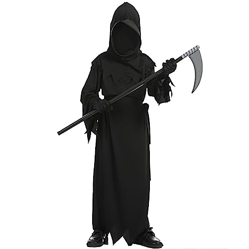 AYIMEIS Kinder Sensenmann Kostüme mit Zubehör Schaurig Grim Reaper Costume Schwarz Dämonen Verkleidung Halloween Karneval Fasching Kostüme Themenparty Cosplay Kostüme von AYIMEIS