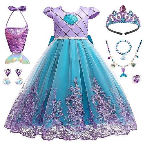 AYIMEIS Mädchen Ariel Prinzessin Kleid mit Taschen und Zubehör Meerjungfrau Kostüm Kinder Prinzessin Verkleidung Geburtstag Weihnachten Party Halloween Karneval Cosplay Kleider von AYIMEIS