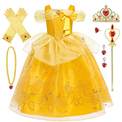 AYIMEIS Mädchen Belle Prinzessin Kleid die Schöne und das Biest Kostüm mit Zubehör Prinzessin Verkleidung Kinder Geburtstag Party Weihnachten Halloween Karneval Cosplay Kleider von AYIMEIS