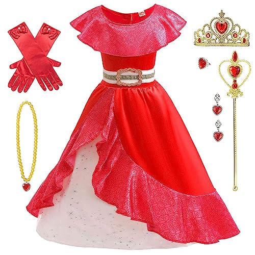 AYIMEIS Mädchen Elena Prinzessin Kleid mit Zubehör Elena Kostüm Kinder Prinzessin Verkleidung Geburtstag Weihnachten Party Halloween Karneval Cosplay Kleider Rot von AYIMEIS