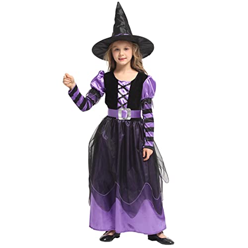 AYIMEIS Mädchen Hexen Kleid mit Hut Kinder Hexenkostüm Witch Verkleidung Halloween Cosplay Karneval Fasching Party Outfits Lila 3-9 Jahre von AYIMEIS