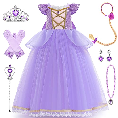 AYIMEIS Mädchen Prinzessin Rapunzel Kostüm mit Zubehör Kinder Prinzessin Kleid Rapunzel Prinzessin Verkleidung Geburtstag Party Weihnachten Halloween Karneval Cosplay Kleider von AYIMEIS