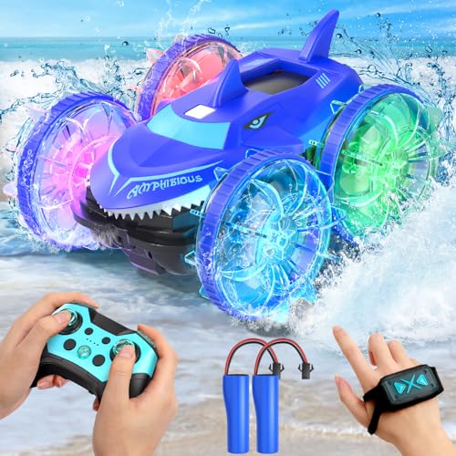 AYIQUTY Amphibienfahrzeug Ferngesteuertes Auto ab 6 7 8 9 10 Jahre, Wasserdicht Stunt RC Auto mit LED Licht, 2,4 GHz wasserdichte Dual RC, Spielzeug Auto Geschenk für 6-12 Jahre Jungen Mädchen von AYIQUTY