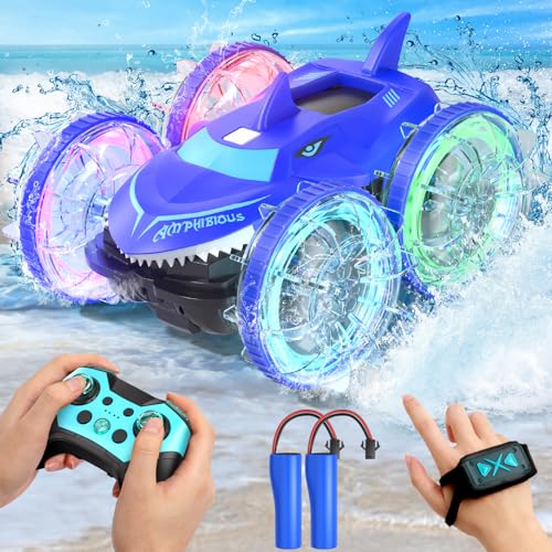 AYIQUTY Amphibienfahrzeug Ferngesteuert Auto ab 6 7 8 9 10 Jahre, Wasserdicht Stunt RC Auto mit Handsteuerung und LED Licht, Spielzeug Geschenk für Kinder 6-12 Jahre Jungen Mädchen (Blau) von AYIQUTY